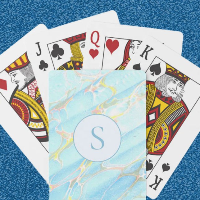 Blue Gold Printed Marble Pattern Custom Monogram Poker Cards (Creator Uploaded)