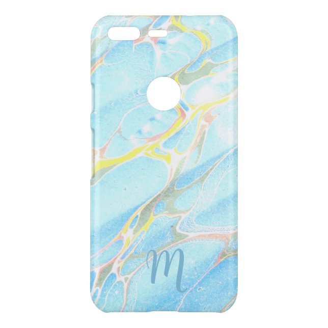 Blue Gold Printed Marble Summer Custom Monogram  Uncommon Google Pixel Case (Back)