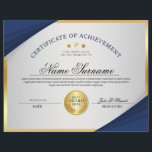 Blue & Gold Professional Certificate Award<br><div class="desc">Professional certificate of achievement award design features blue,  gold,  and grey colors with detailed lines and a gold border. Includes gold medal award and stars.</div>