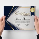 Blue & Gold Professional Certificate Award<br><div class="desc">Professional certificate of achievement award design features blue,  gold,  and grey colors with detailed lines and a gold border. Includes gold medal award and stars.</div>