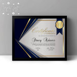 Blue & Gold Professional Certificate Award<br><div class="desc">Professional certificate of achievement award design features blue,  gold,  and grey colors with detailed lines and a gold border. Includes gold medal award and stars.</div>