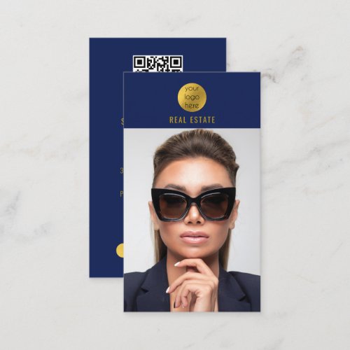 Blue  Gold Professional Photo Real Estate Agent Business Card