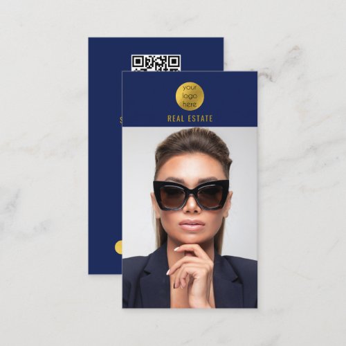 Blue  Gold Professional Photo Real Estate Agent Business Card