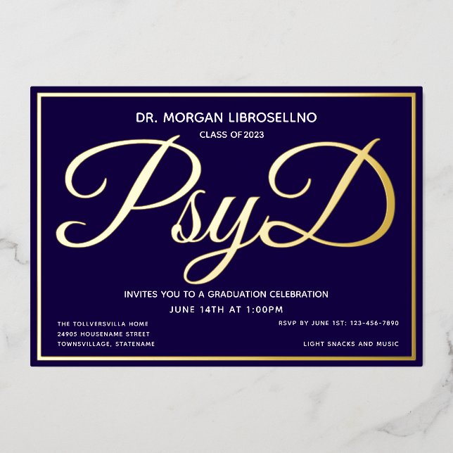 Blue Gold PsyD Graduation Foil Invitation (Front)