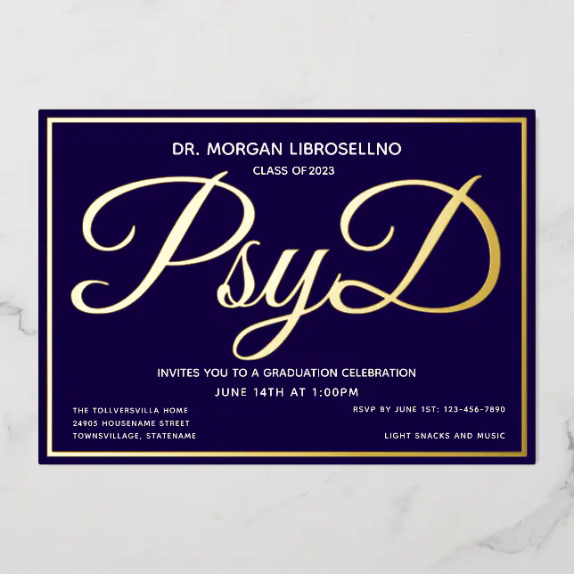 Psyd Graduation Blue Gold PsyD Graduation Foil Invitation | Zazzle
