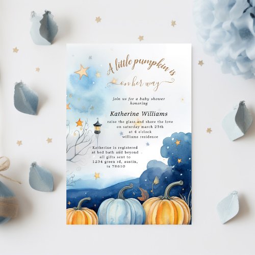 Blue Gold Pumpkin Autumn Baby Shower Invitation