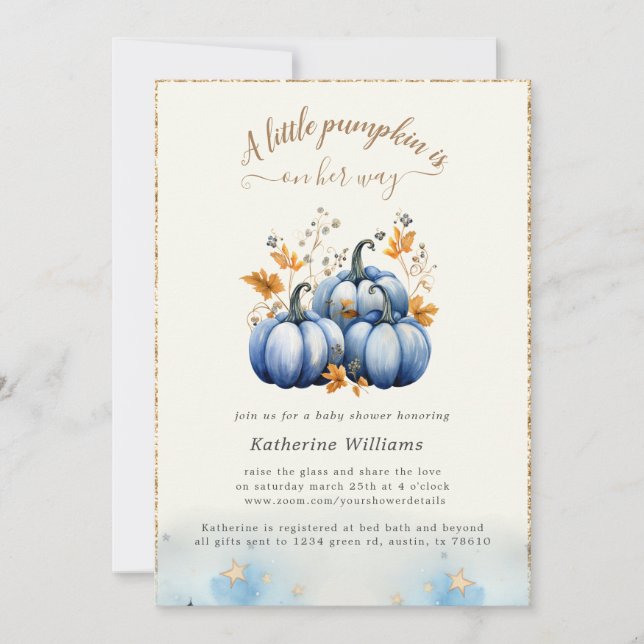 Blue Gold Pumpkin Autumn Baby Shower Invitation (Front)