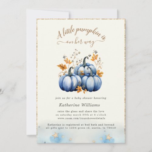 Blue Gold Pumpkin Autumn Baby Shower Invitation