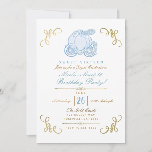 Blue  Gold Pumpkin Carriage Sweet 16 Party Invitation