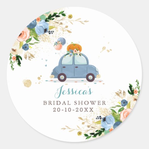 Blue  Gold Pumpkin Drive By Bridal Shower favor Classic Round Sticker