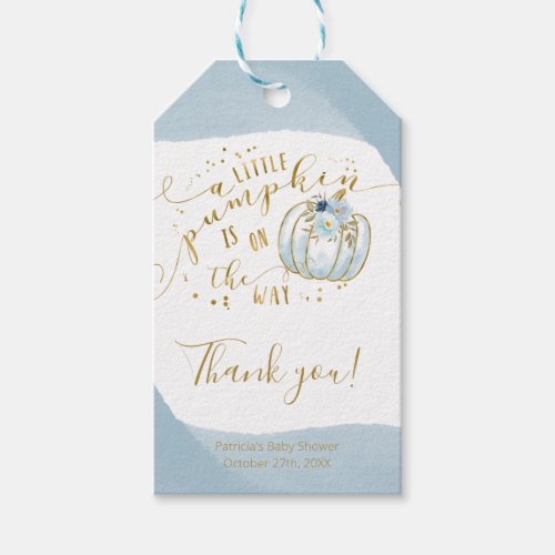 Blue Gold Pumpkin Fall Baby Shower Thank You Gift Tags