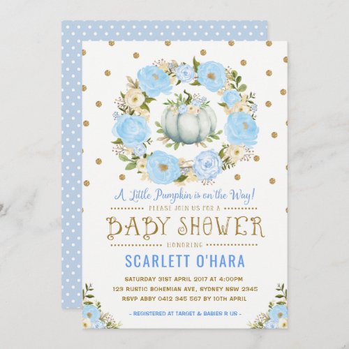 Blue Gold Pumpkin Floral Boy Baby Shower Invitation