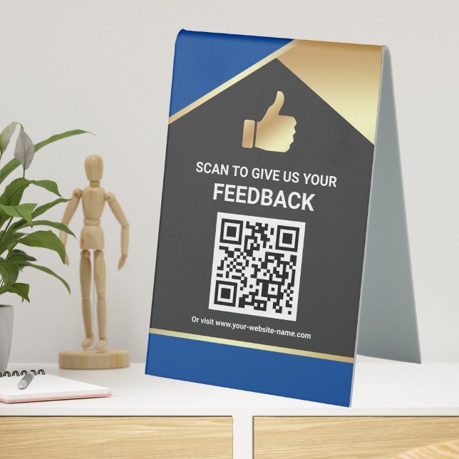 Blue Gold QR Code Customer Feedback Review Table Tent (Creator Uploaded)