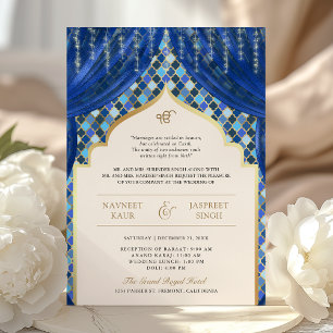 Blue Gold Quatrefoil QR Code Sikh Wedding Invitation
