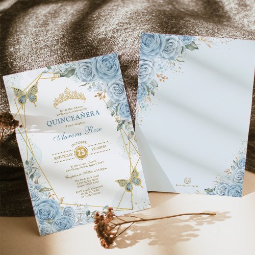 Blue Gold Quinceaera Butterfly Geometric Frame Invitation