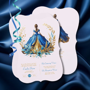 Blue Gold Quinceanera Dress Ceremony Reception Invitation