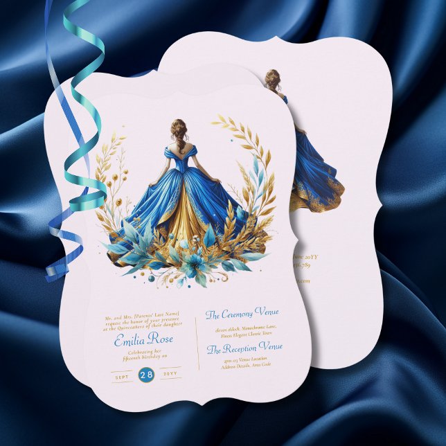 Blue Gold Quinceanera Dress Ceremony Reception     Invitation (Creator Uploaded)