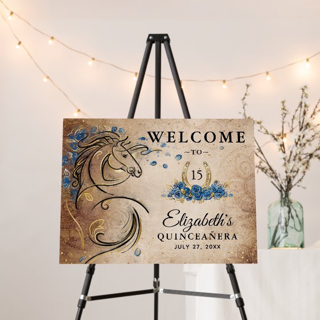 Blue Gold Quinceanera Horse Welcome Birthday Party Foam Board (In Situ (Stand))