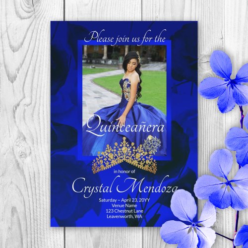 Blue Gold Quinceanera Rhinestone Tiara Invitation