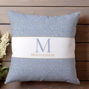 Blue Gold Raindrop Modern Trendy Monogram Throw Pillow