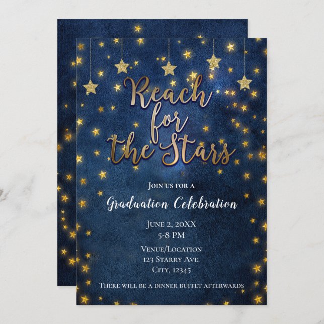 Blue Gold Reach for the Stars Celestial Graduation Invitation (Front/Back)