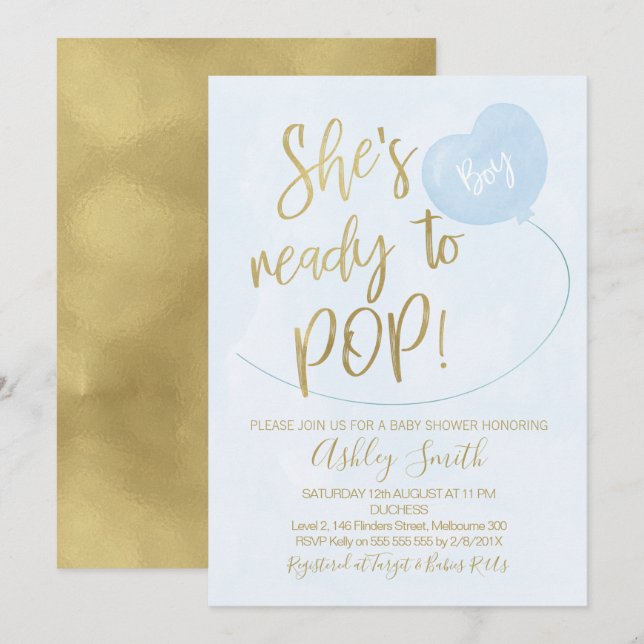Blue Gold Ready To Pop Baby Shower Invitation (Front/Back)