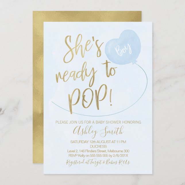 Blue Gold Ready To Pop Baby Shower Invitation (Front/Back)