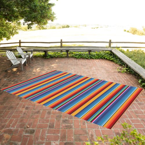 Blue Gold Red Mexican Sarape Outdoor Rug