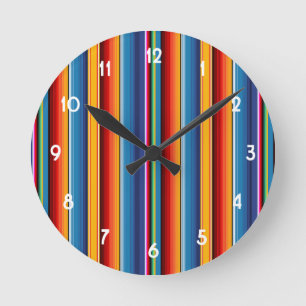 Blue Gold Red Mexican Sarape Round Clock