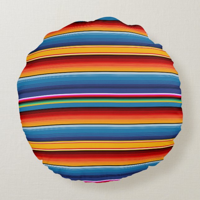 Blue Gold Red Mexican Sarape Round Pillow (Back)