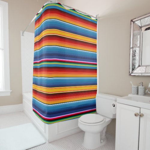 Blue Gold Red Mexican Sarape Shower Curtain