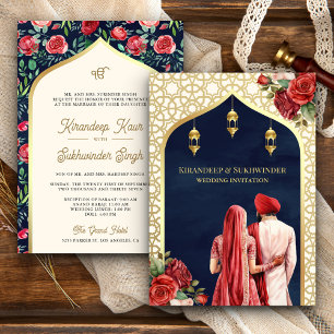 Blue Gold Red Rose Floral Anand Karaj Sikh Wedding Invitation