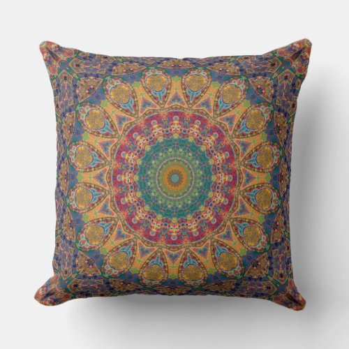 Blue Gold  Red Tapestry Mandala Kaleidoscope Throw Pillow
