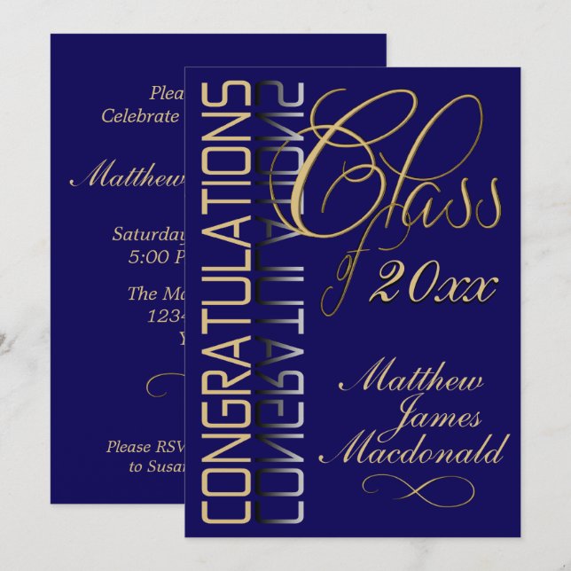 Blue Gold Reflection Classic Graduation Party   Invitation (Front/Back)