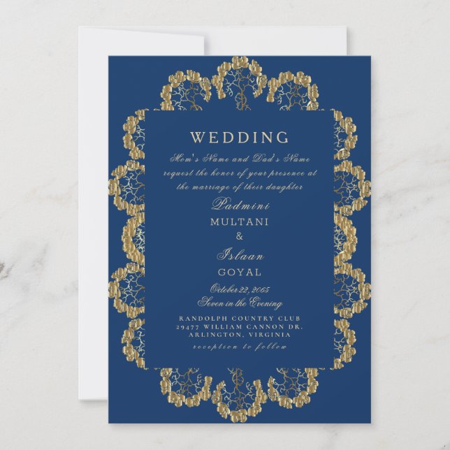 Blue & Gold Regal Indian Style Wedding  Invitation (Front)