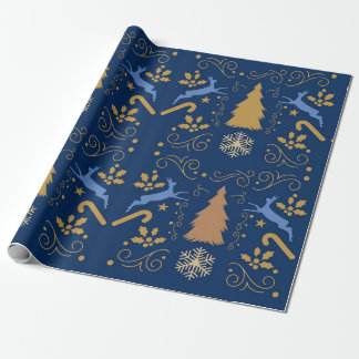 Blue Gold Reindeer Christmas Wrapping Paper