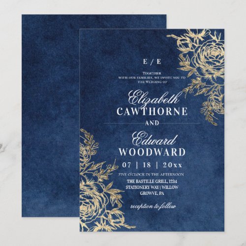 Blue & Gold ⎮Rose Botanical Elegant Wedding Invitation