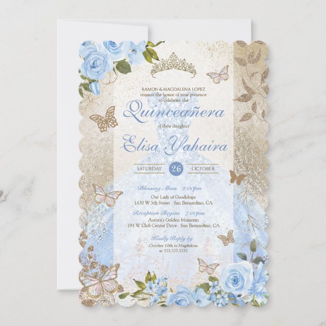 Blue Gold Rose Butterfly Glam Princess Quinceañera Invitation (Front)