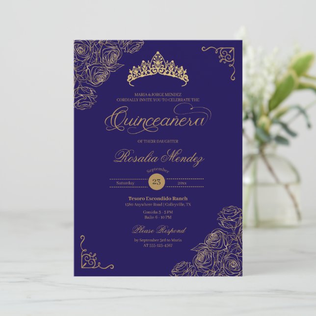 Blue & Gold Roses Elegant Quinceañera  Invitation (Standing Front)
