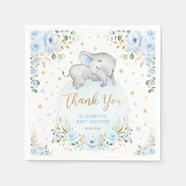 Blue Gold Roses Elephant Baby Boy Shower Favors Napkins (Front)