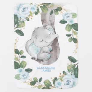 Blue Gold Roses Greenery Sleepy Elephant Nursery Baby Blanket