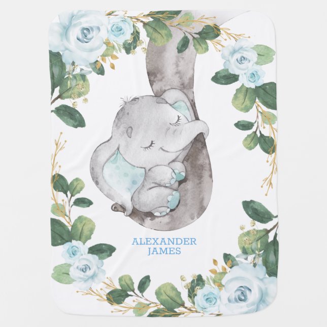 Blue Gold Roses Greenery Sleepy Elephant Nursery Baby Blanket (Front)