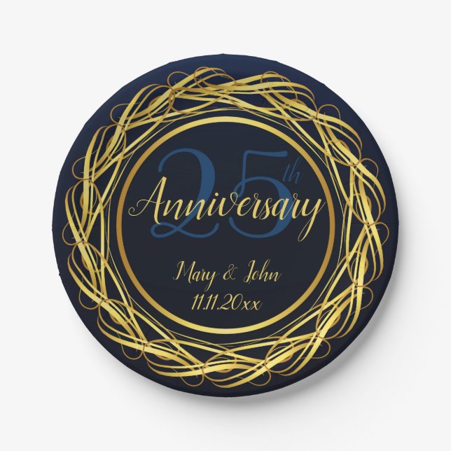 Blue Gold Royal Anniversary Classy Paper Plates (Front)