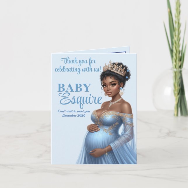 Blue & Gold Royal Baby Shower African American Mom Thank You Card (Front)