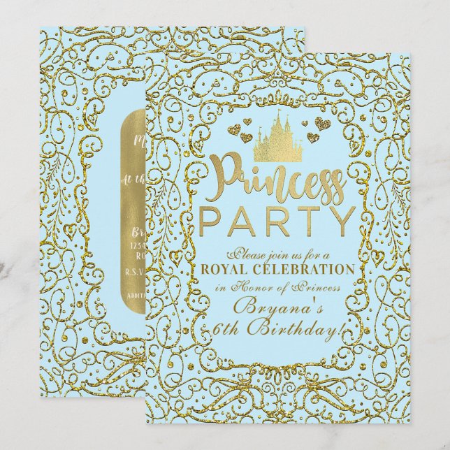 Blue & Gold Royal Castle PRINCESS PARTY Birthday Invitation (Front/Back)