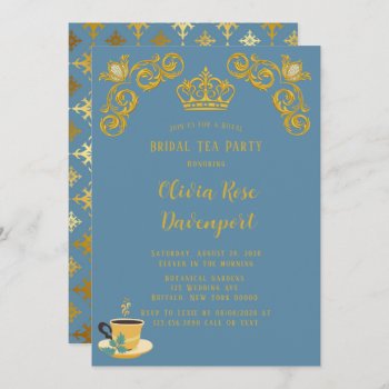 Blue & Gold Royal Crown Damask Bridal Tea Party Invitation by Wedding_Charme at Zazzle