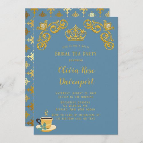 Blue  Gold Royal Crown Damask Bridal Tea Party Invitation