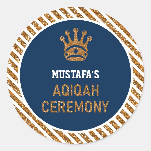 Blue Gold Royal Crown Prince Aqiqah Classic Round Sticker (Front)