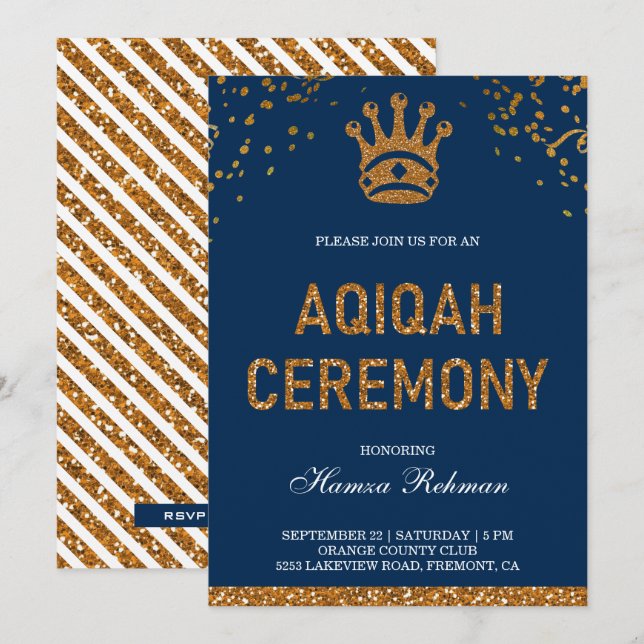 Blue Gold Royal Crown Prince Aqiqah Invitation (Front/Back)