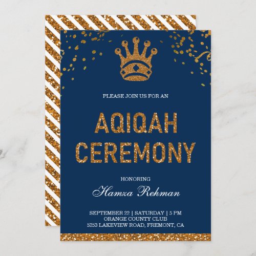 Blue Gold Royal Crown Prince Aqiqah Invitation